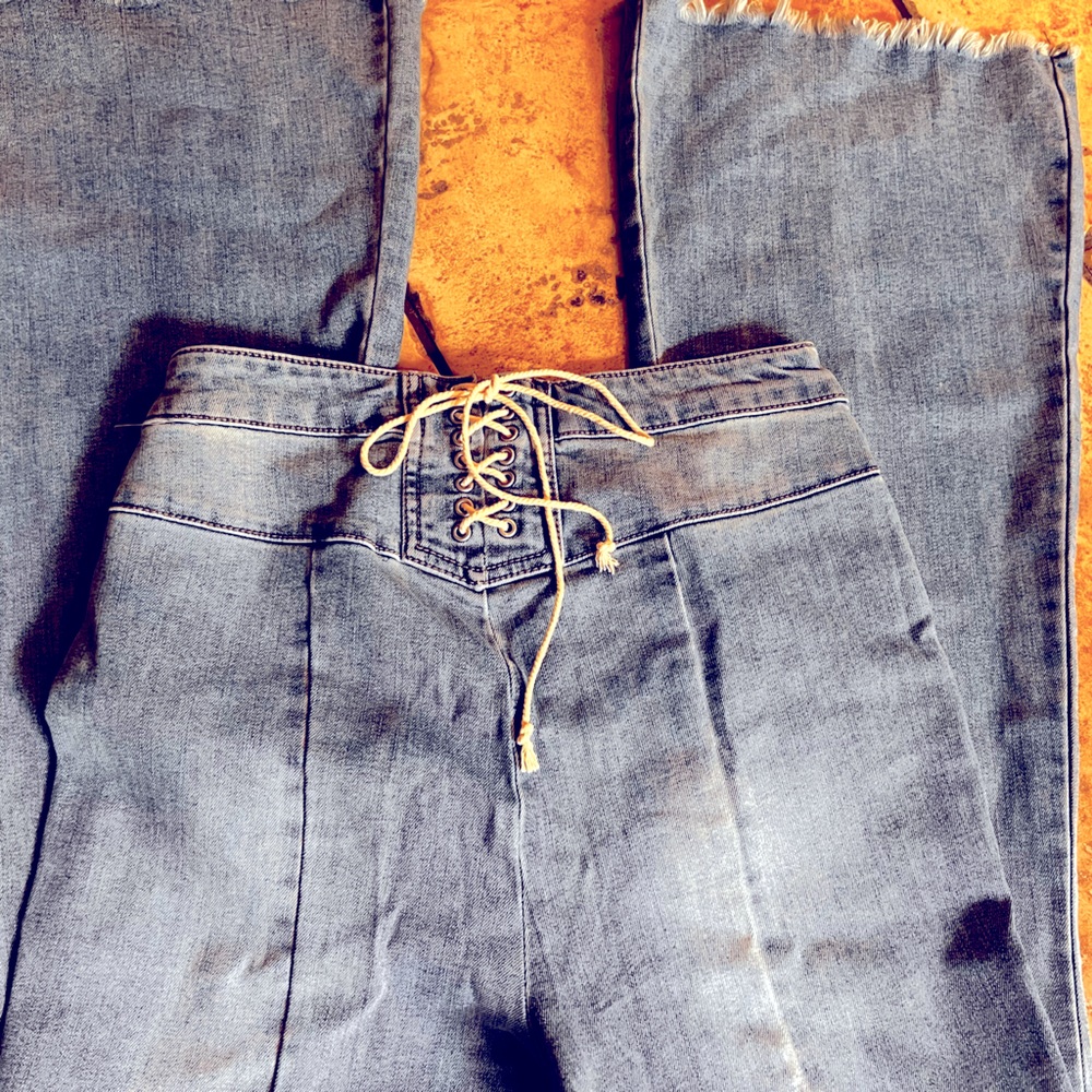 Lace Up Back Denim Bellbottom Jeans - Picture 5 of 6
